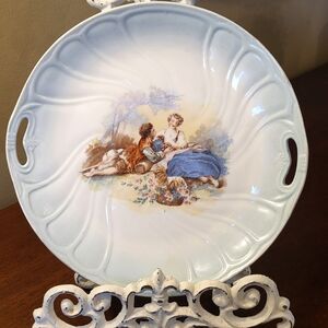 Antique Victorian Powder Blue Handled Plate Romantic Summer Scene 9.25" Swirl